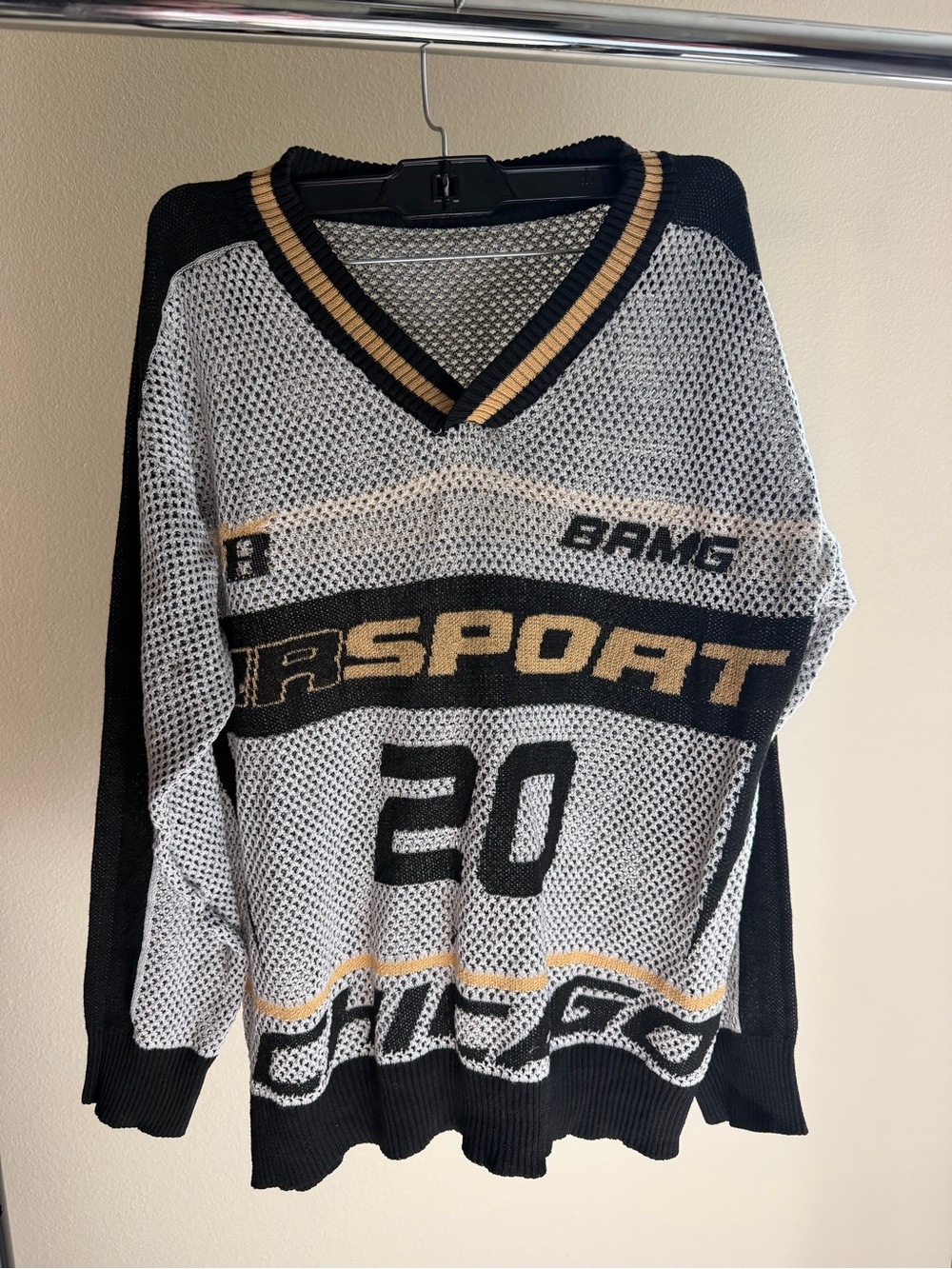 Vintage-Inspired Black, White & Tan Mesh V-Neck Sweater